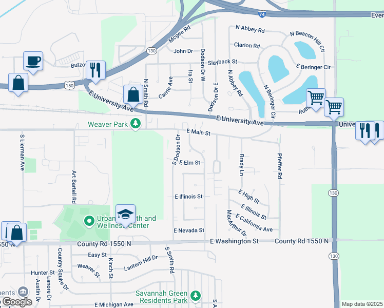 map of restaurants, bars, coffee shops, grocery stores, and more near 121 Scottswood Drive in Urbana