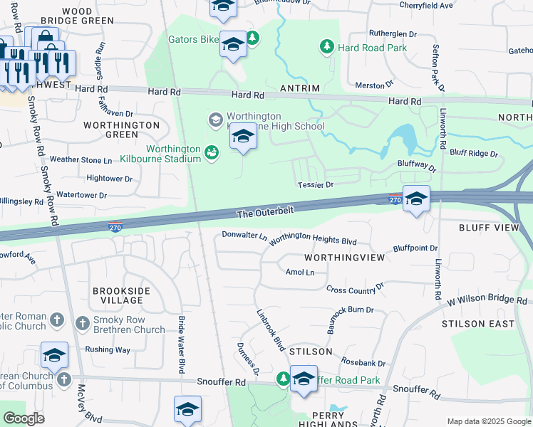 map of restaurants, bars, coffee shops, grocery stores, and more near 1 Jack Nicklaus Freeway in Columbus