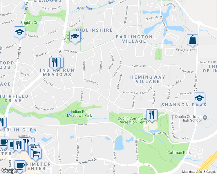 map of restaurants, bars, coffee shops, grocery stores, and more near 5770 O'Connell Court in Dublin