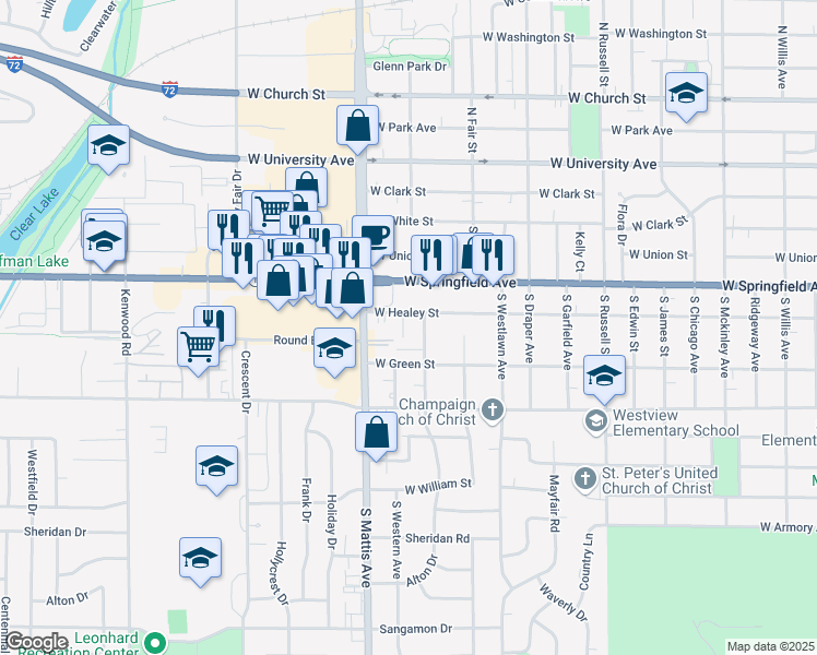 map of restaurants, bars, coffee shops, grocery stores, and more near 504 Wildwood Court in Champaign