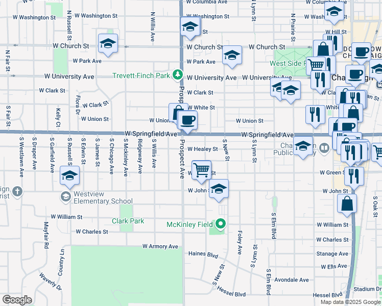 map of restaurants, bars, coffee shops, grocery stores, and more near 809 West Healey Street in Champaign