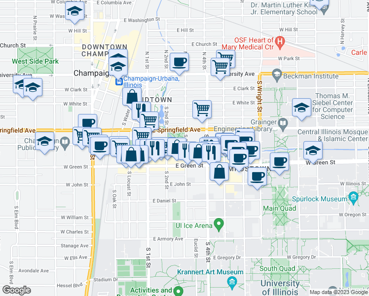 map of restaurants, bars, coffee shops, grocery stores, and more near 601 South 3rd Street in Champaign