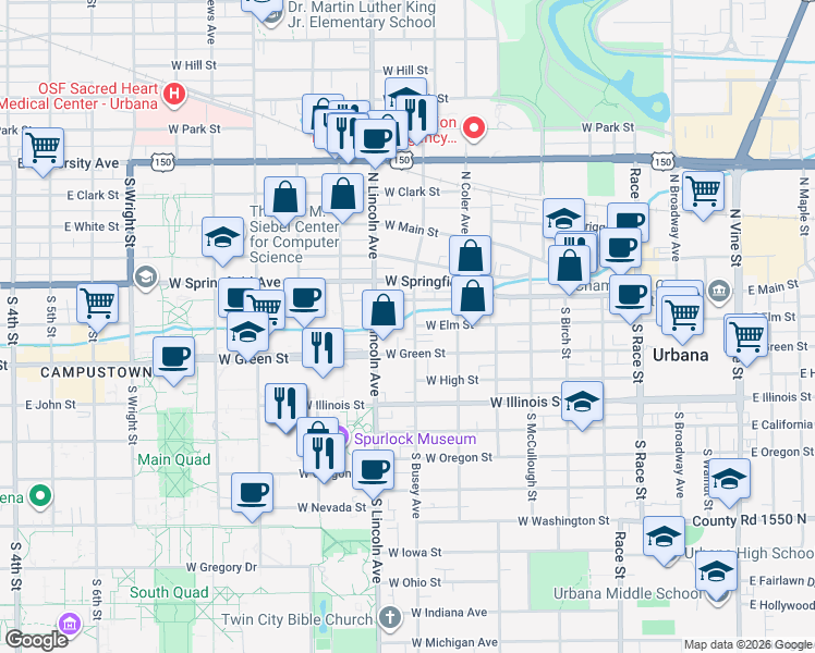 map of restaurants, bars, coffee shops, grocery stores, and more near 111 South Busey Avenue in Urbana