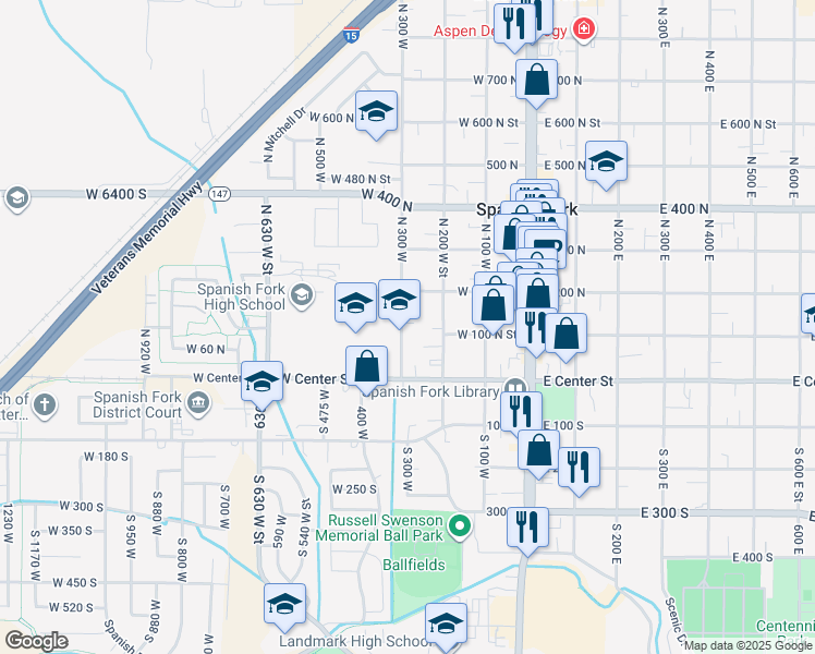 map of restaurants, bars, coffee shops, grocery stores, and more near 116 North 300 West in Spanish Fork