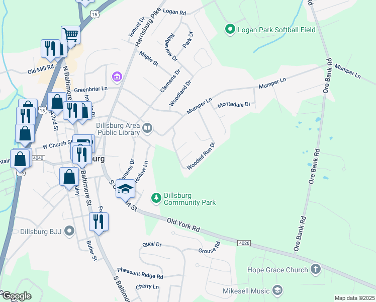 map of restaurants, bars, coffee shops, grocery stores, and more near 3 Brookside Cir in Dillsburg
