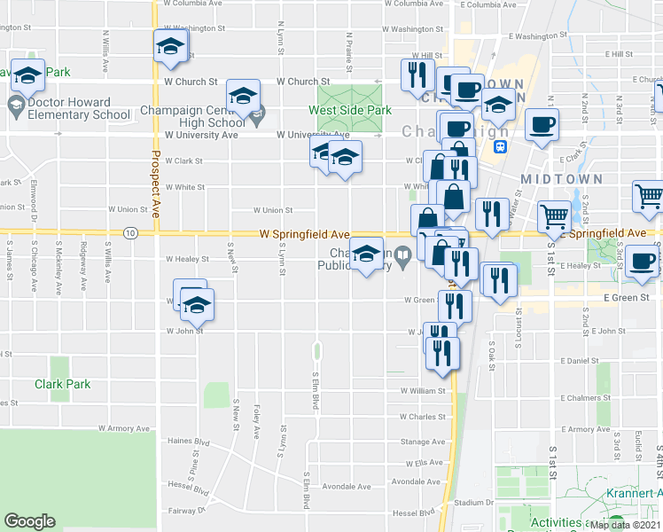 map of restaurants, bars, coffee shops, grocery stores, and more near 407 West Healey Street in Champaign