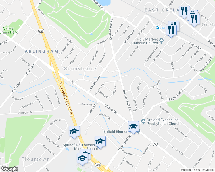 map of restaurants, bars, coffee shops, grocery stores, and more near 1509 Niessen Road in Oreland