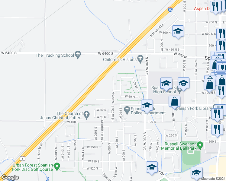 map of restaurants, bars, coffee shops, grocery stores, and more near 121 North 920 West in Spanish Fork