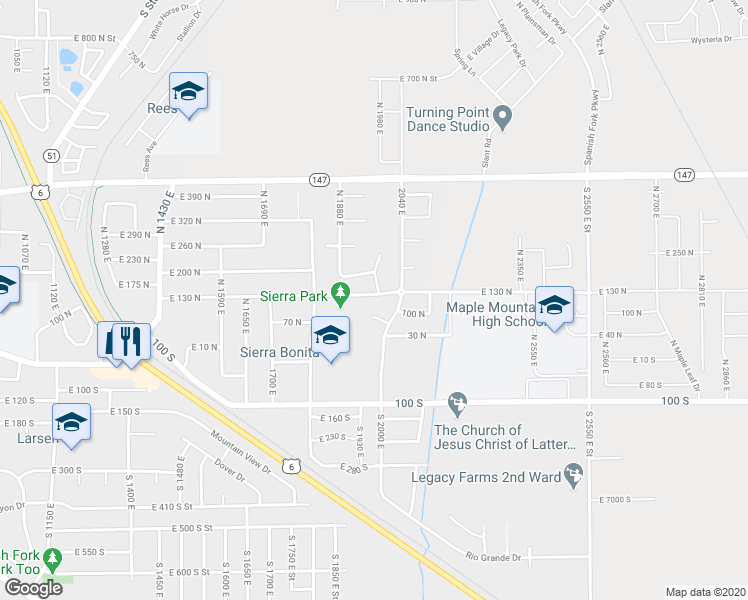 map of restaurants, bars, coffee shops, grocery stores, and more near 1972 East 130 North in Spanish Fork