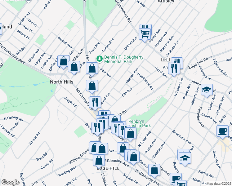 map of restaurants, bars, coffee shops, grocery stores, and more near 2718 Ivy Ln in Glenside