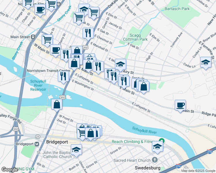 map of restaurants, bars, coffee shops, grocery stores, and more near 211 Walnut Street in Norristown