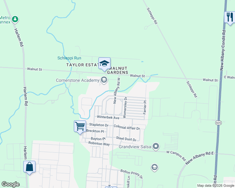 map of restaurants, bars, coffee shops, grocery stores, and more near 7118 Upper Albany Dr in New Albany