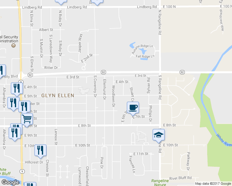 map of restaurants, bars, coffee shops, grocery stores, and more near 3006 East 5th Street in Anderson