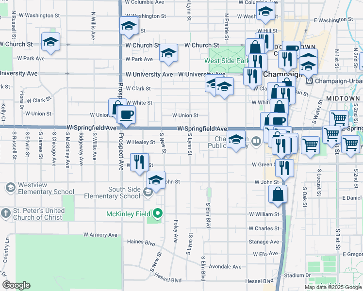 map of restaurants, bars, coffee shops, grocery stores, and more near 605 West Healey Street in Champaign