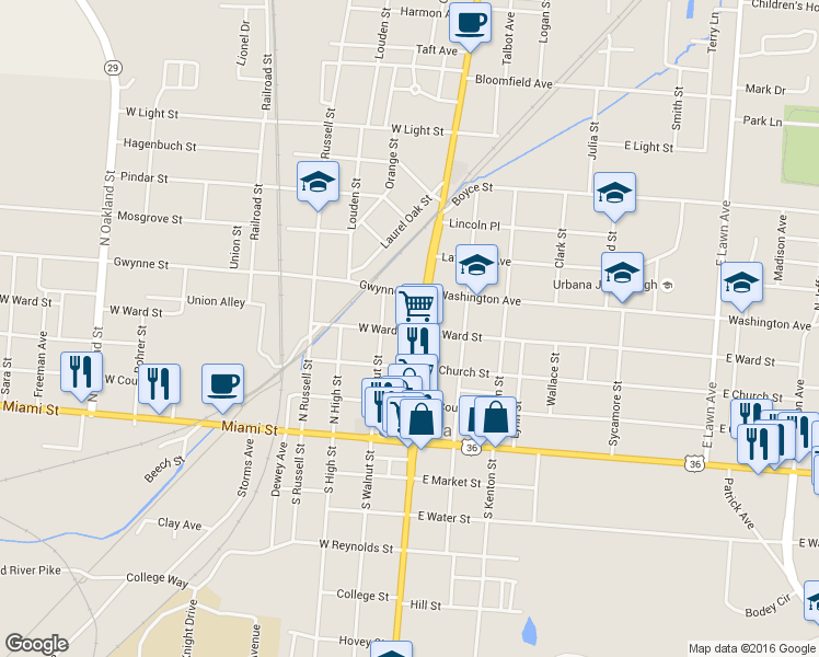 map of restaurants, bars, coffee shops, grocery stores, and more near 112 West Ward Street in Urbana