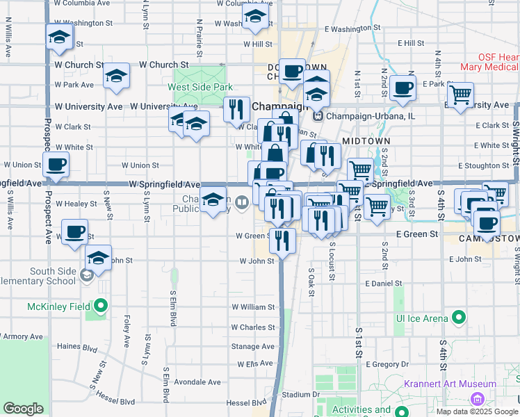 map of restaurants, bars, coffee shops, grocery stores, and more near 502 South Randolph Street in Champaign