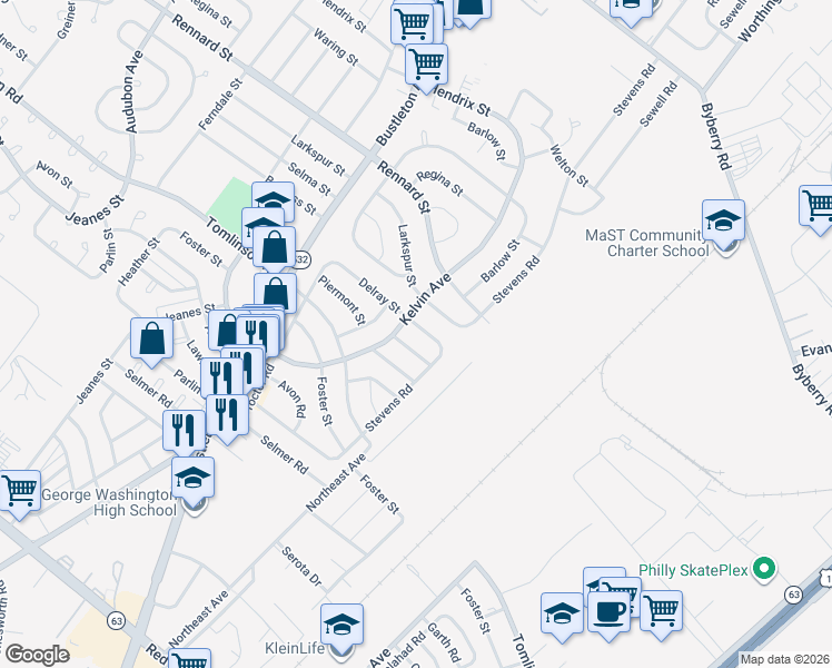 map of restaurants, bars, coffee shops, grocery stores, and more near 1004 Delray Street in Philadelphia