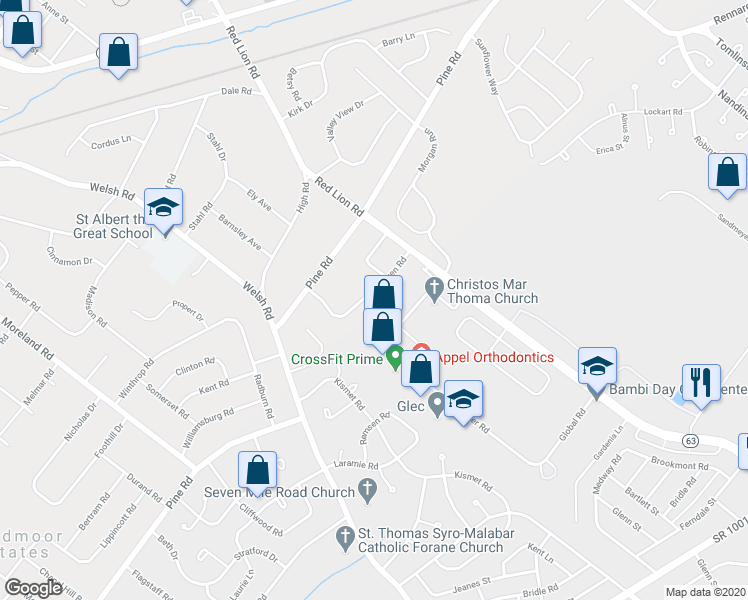 map of restaurants, bars, coffee shops, grocery stores, and more near 2377 Steven Road in Montgomery County