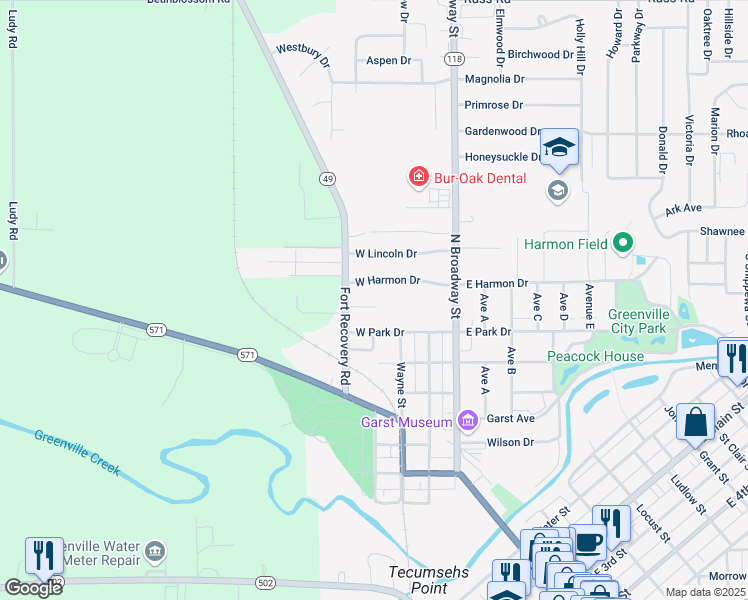 map of restaurants, bars, coffee shops, grocery stores, and more near 108 Knoll Drive in Greenville