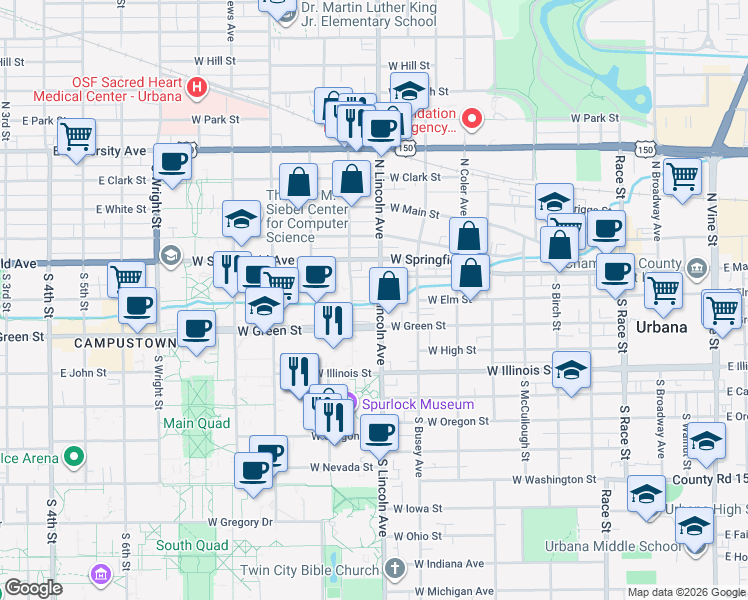 map of restaurants, bars, coffee shops, grocery stores, and more near 111 South Lincoln Avenue in Urbana