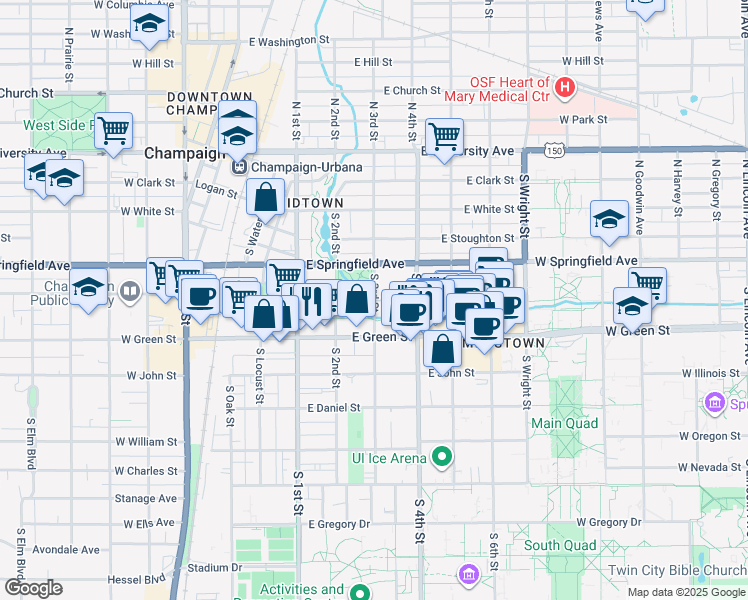 map of restaurants, bars, coffee shops, grocery stores, and more near S 3rd St & E Healey St in Champaign