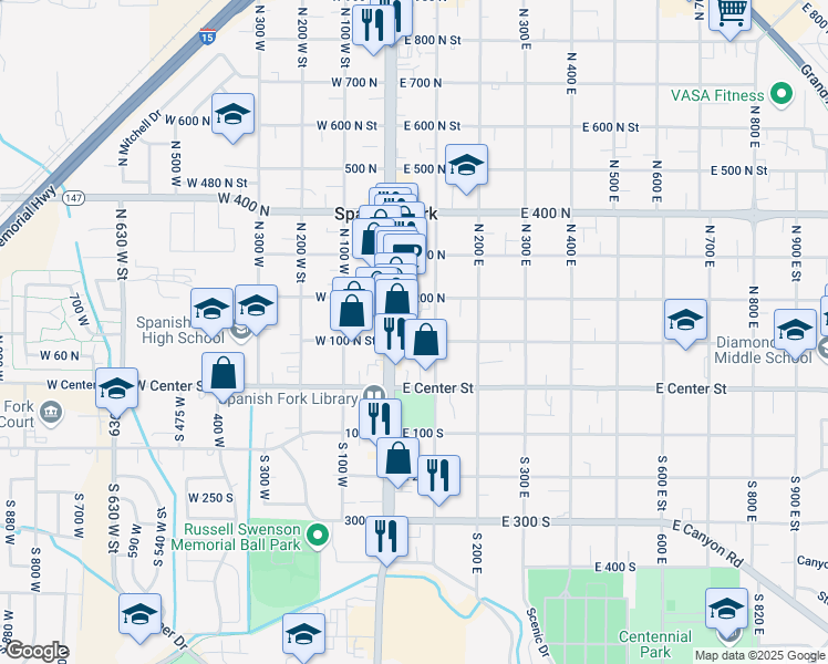 map of restaurants, bars, coffee shops, grocery stores, and more near 45 East 100 North in Spanish Fork