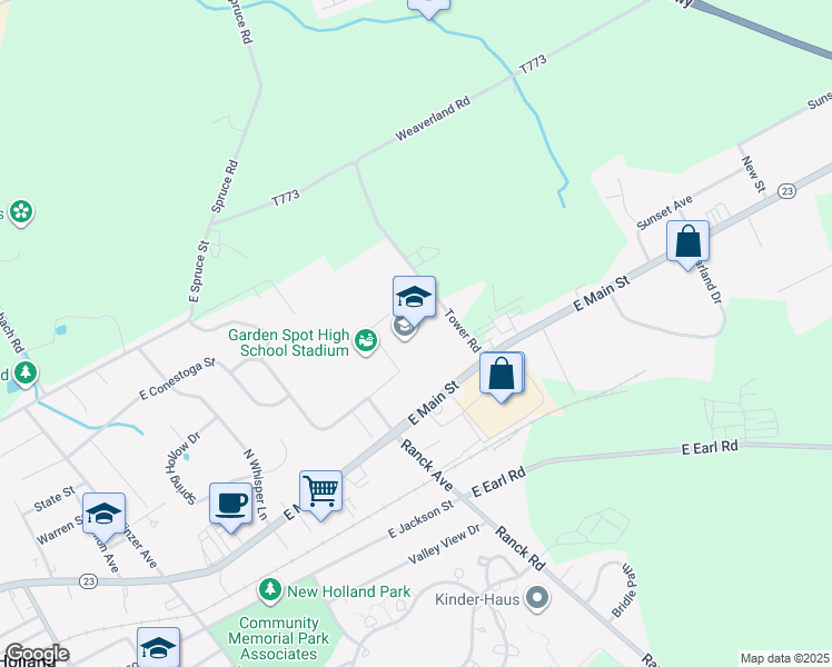 map of restaurants, bars, coffee shops, grocery stores, and more near 669 East Main Street in New Holland
