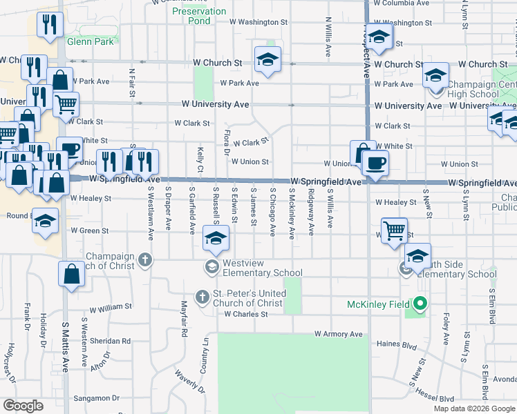 map of restaurants, bars, coffee shops, grocery stores, and more near 504 South James Street in Champaign