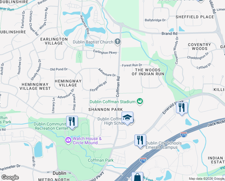 map of restaurants, bars, coffee shops, grocery stores, and more near 5323 Brennan Court in Dublin
