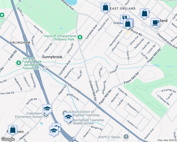 map of restaurants, bars, coffee shops, grocery stores, and more near 438 Oreland Mill Road in Oreland