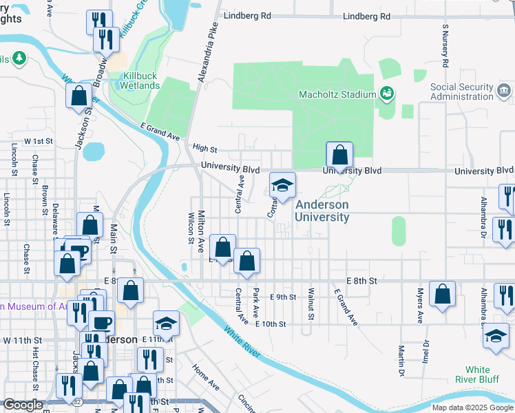 map of restaurants, bars, coffee shops, grocery stores, and more near 802 East 5th Street in Anderson