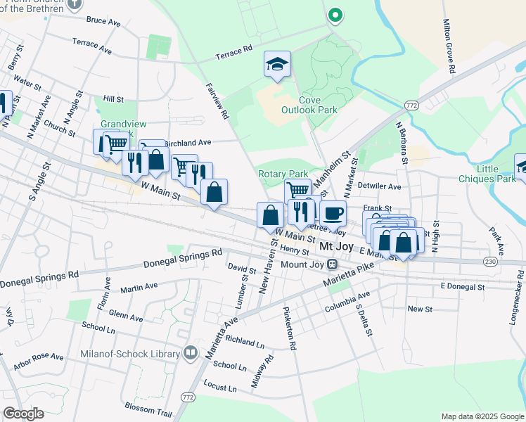 map of restaurants, bars, coffee shops, grocery stores, and more near 100 Fairview Street in Mount Joy