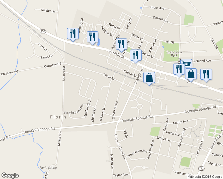 map of restaurants, bars, coffee shops, grocery stores, and more near 410 South Plum Street in Mount Joy