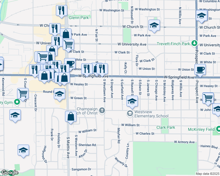 map of restaurants, bars, coffee shops, grocery stores, and more near 501 South Draper Avenue in Champaign