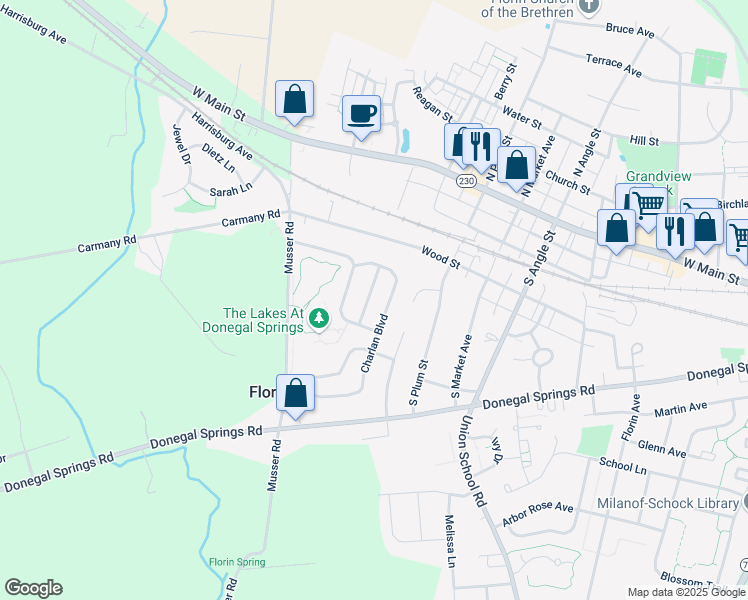 map of restaurants, bars, coffee shops, grocery stores, and more near 214 Waters Edge Drive in Mount Joy