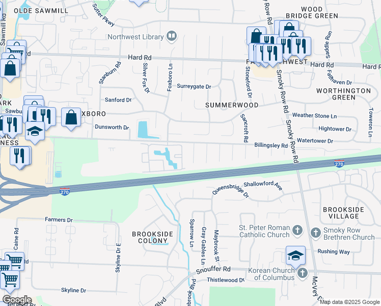 map of restaurants, bars, coffee shops, grocery stores, and more near 7603 Pickett Lane in Columbus