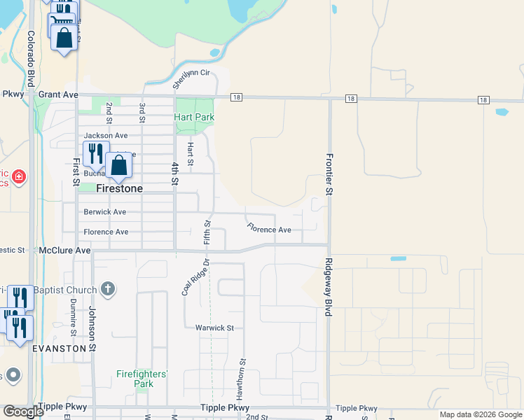 map of restaurants, bars, coffee shops, grocery stores, and more near 653 Berwick Avenue in Firestone