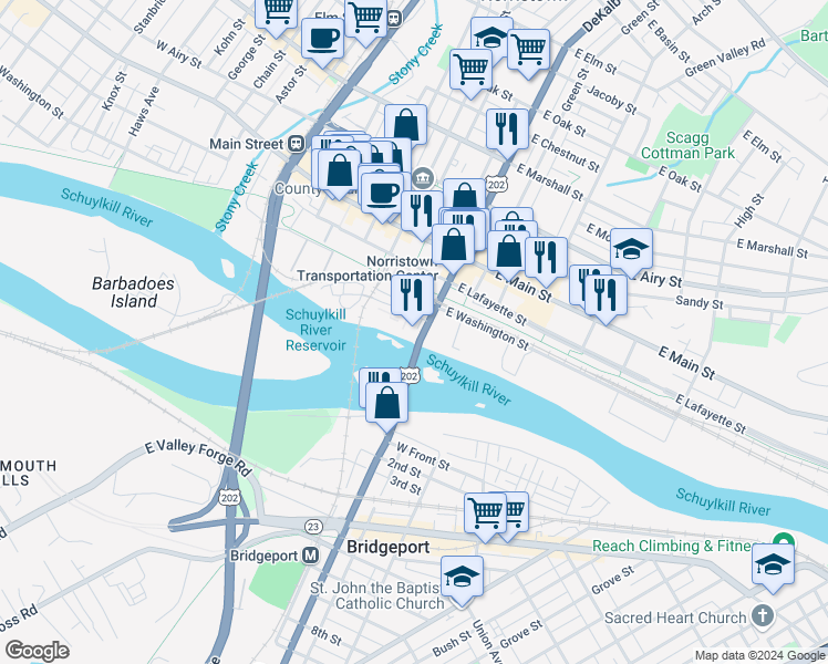 map of restaurants, bars, coffee shops, grocery stores, and more near 1 DeKalb Street in Norristown