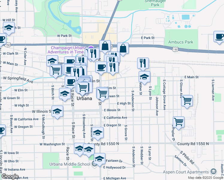 map of restaurants, bars, coffee shops, grocery stores, and more near 403 East Elm Street in Urbana