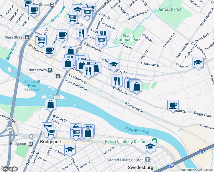 map of restaurants, bars, coffee shops, grocery stores, and more near 211 Walnut Street in Norristown