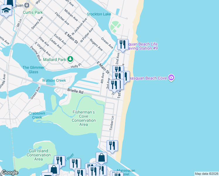 map of restaurants, bars, coffee shops, grocery stores, and more near 216 3rd Avenue in Manasquan