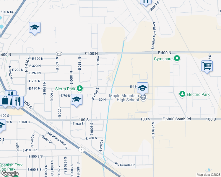map of restaurants, bars, coffee shops, grocery stores, and more near 125 2170 East in Spanish Fork