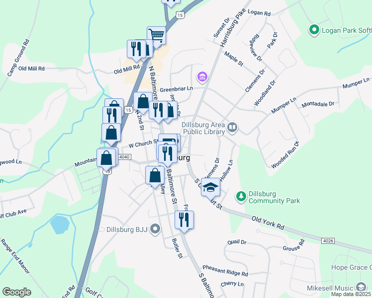 map of restaurants, bars, coffee shops, grocery stores, and more near 142 Harrisburg Street in Dillsburg