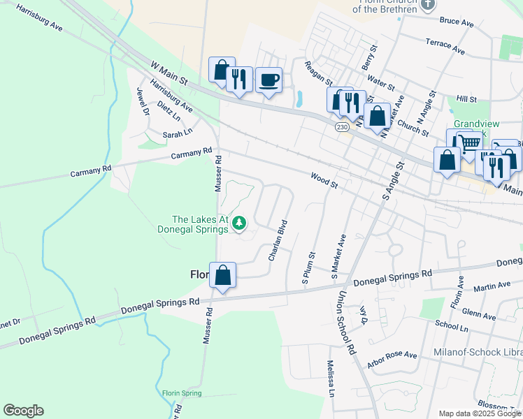 map of restaurants, bars, coffee shops, grocery stores, and more near 231 Lakeside Crossing in Mount Joy