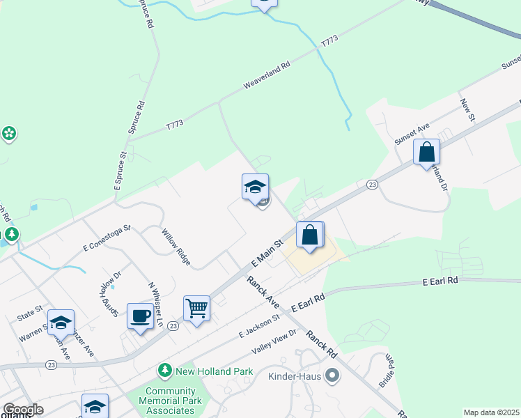 map of restaurants, bars, coffee shops, grocery stores, and more near 669 East Main Street in New Holland