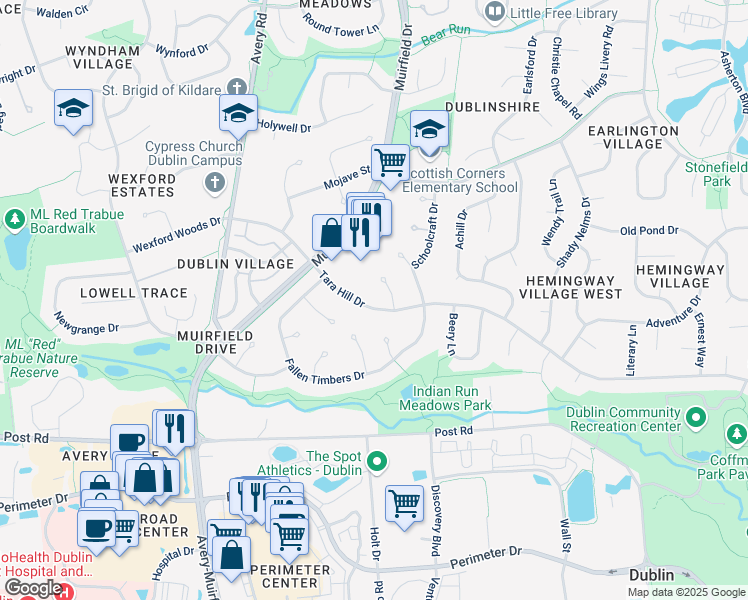 map of restaurants, bars, coffee shops, grocery stores, and more near 5988 Tara Hill Drive in Dublin