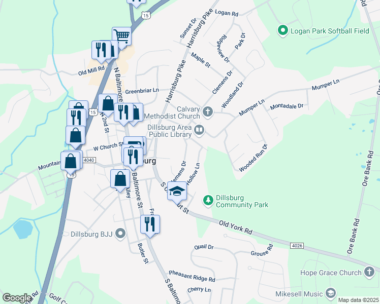 map of restaurants, bars, coffee shops, grocery stores, and more near 88 Clemens Drive in Dillsburg