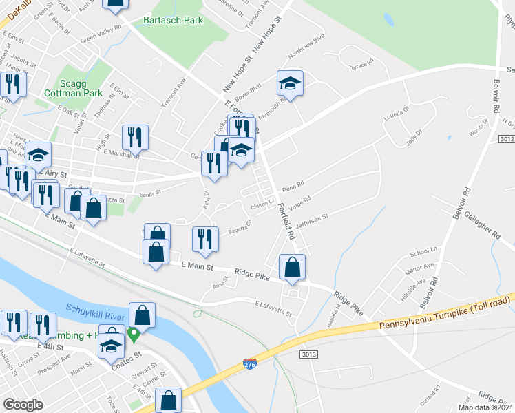 map of restaurants, bars, coffee shops, grocery stores, and more near 416 Wilder Square in Plymouth Meeting