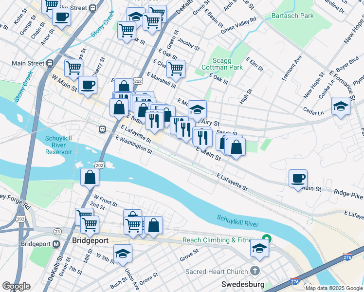 map of restaurants, bars, coffee shops, grocery stores, and more near 211 Walnut Street in Norristown