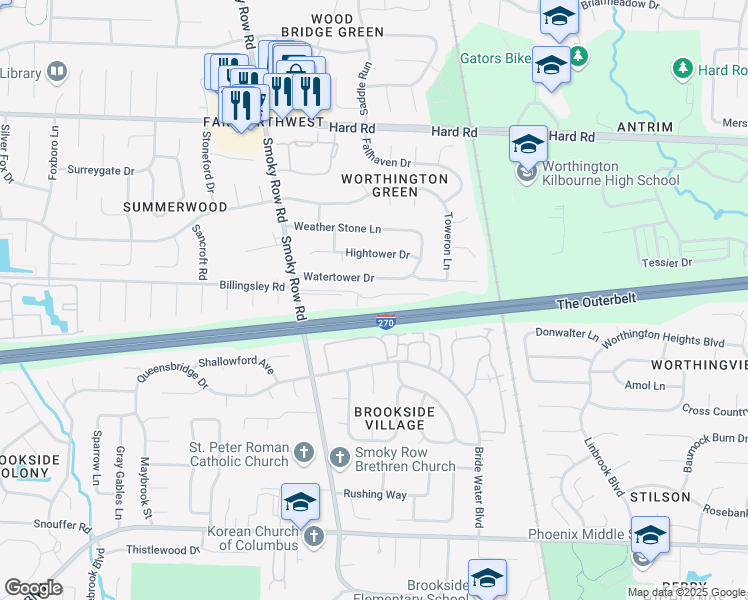 map of restaurants, bars, coffee shops, grocery stores, and more near 1731 Park Village Drive in Columbus